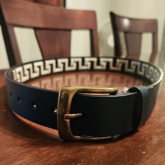 J.McLaughlin Caerus Leather Belt Denim Blue w/ Silver Greek Key Design